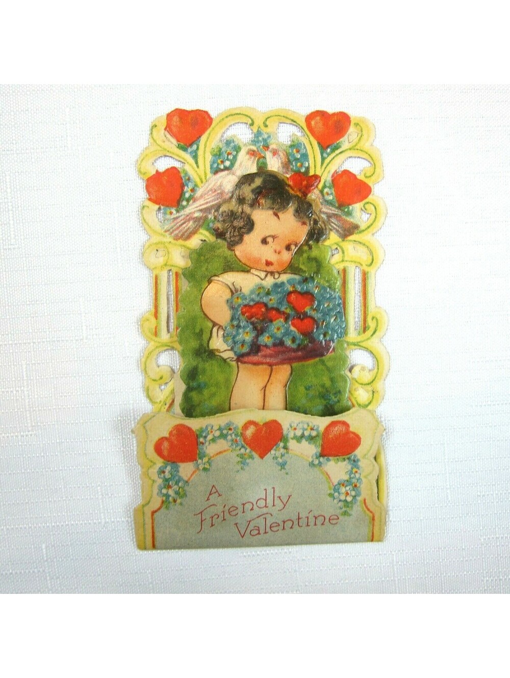 Vintage Valentine Pull Down Die Cut Girl Flower Basket Stand Up Germany 1920-30s